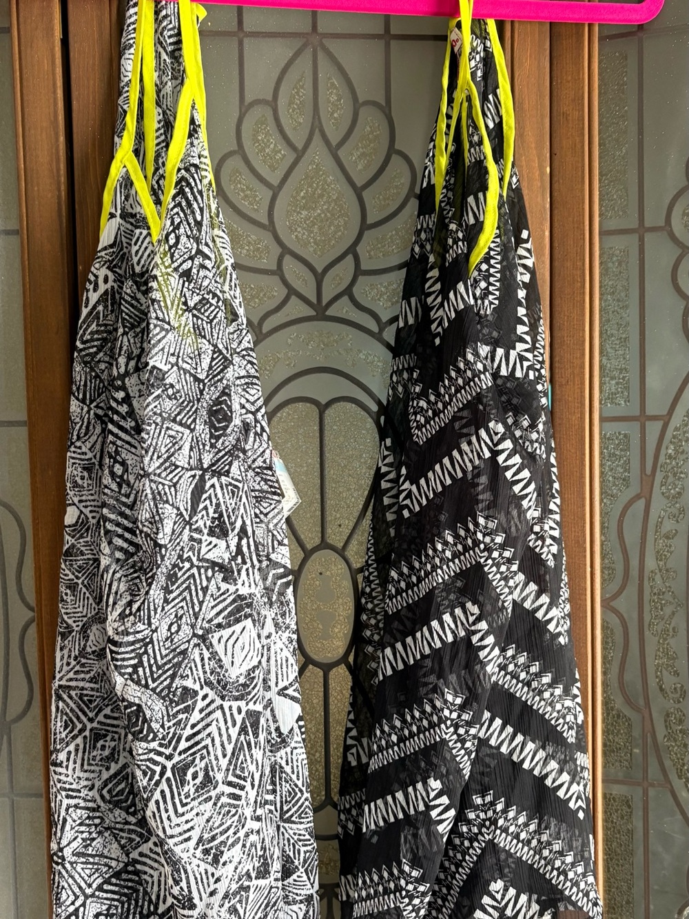 Juniors Black & White Patterned One-Piece with Neon Yellow Straps